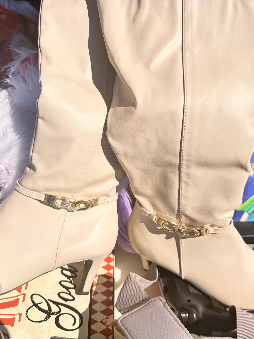 Karen Scott Cream Knee-High Heeled Boots with Gold Chain Accent - Picture 2 of 6